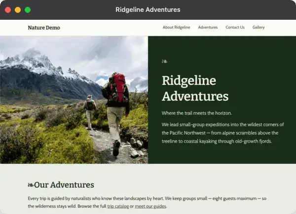 The generated Ridgeline Adventures website using the Nature theme
